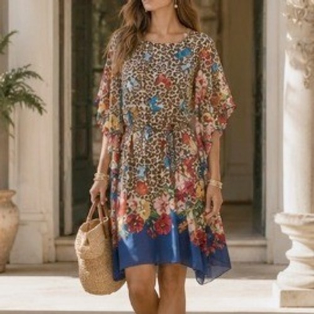 Johnny Was Leopard Butterfly Floral Belted Kaftan Dress 1X Resortwear Beach Boho